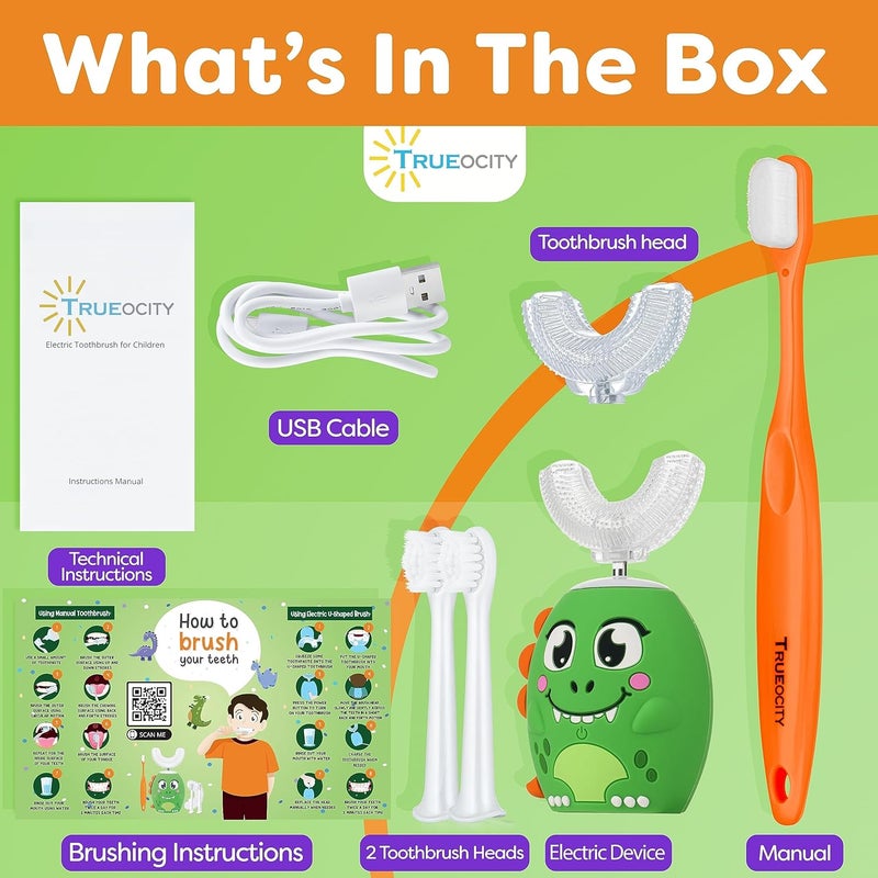 Trueocity Kids U Shape Toothbrush Auto Electric Toddler Rechargeable Kids Automatic Toothbrush | 360° U-Shaped Silicone Brush Head | Gentle Cleaning for Ages 2–7 | Dinosaur Design (Green) - Image 3